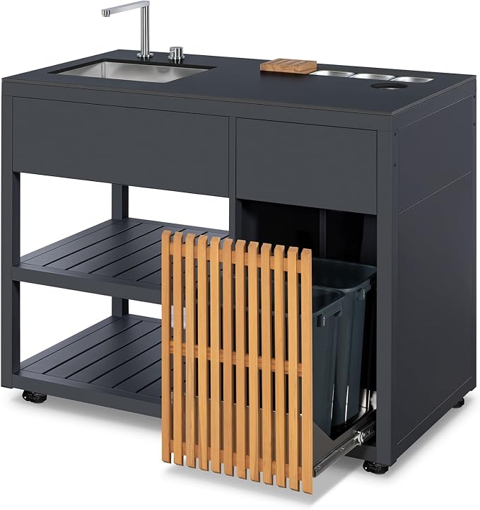 AEVA Series Outdoor Kitchen Sink & Prep Unit, Gray Powder-Coated Cabinet with Slate Countertop, Pull-Out Faucet, Dual Trash Bins & Teak Accessories, Modular Mobile Design