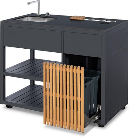 AEVA Series Outdoor Kitchen Sink & Prep Unit, Gray Powder-Coated Cabinet with Slate Countertop, Pull-Out Faucet, Dual Trash Bins & Teak Accessories, Modular Mobile Design