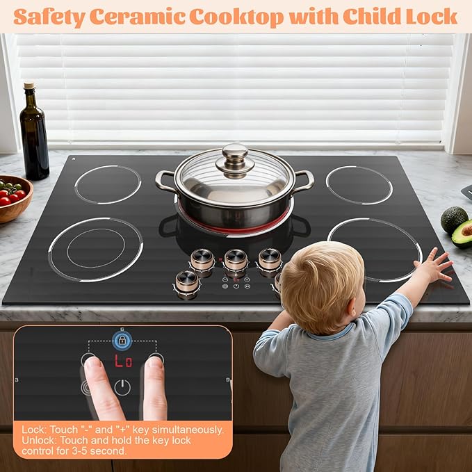 36 Inch Electric Cooktop 220V, 9200W Powerful 5 Burner Electric Stove Top, Built-in Ceramic Cooktop 36" with Dual/Triple Ring Burner, Knob & Touch Control, Safety Lock, 220-240V Hard Wire
