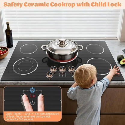 36 Inch Electric Cooktop 220V, 9200W Powerful 5 Burner Electric Stove Top, Built-in Ceramic Cooktop 36" with Dual/Triple Ring Burner, Knob & Touch Control, Safety Lock, 220-240V Hard Wire