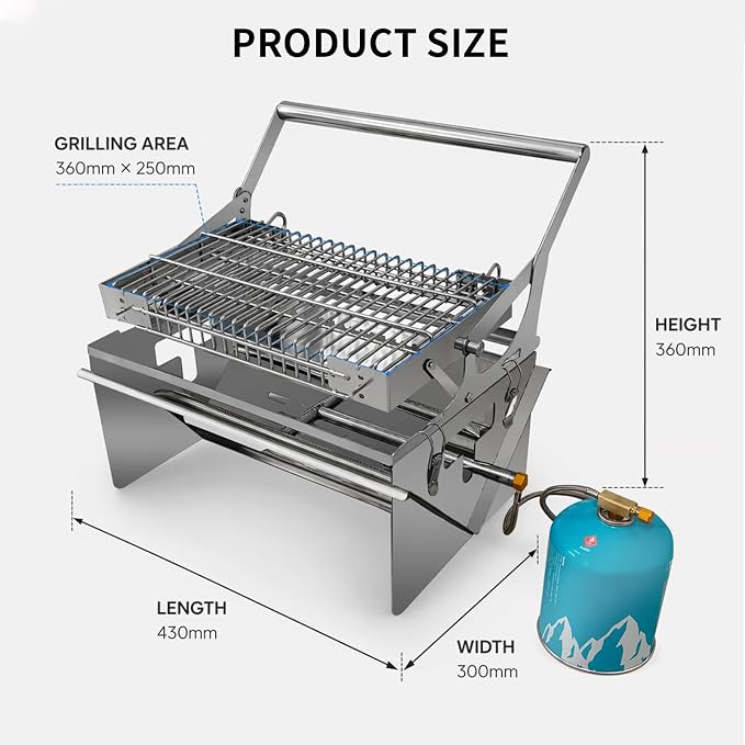 3-in-1 Gas Portable Barbecue Grill, 360° Rotatable Charcoal Grill, Flipping Stainless Steel Detachable Grill with Carry Bag, Dual-Use Grill & Fire Pit for Camping, Tailgating and Outdoor Cooking