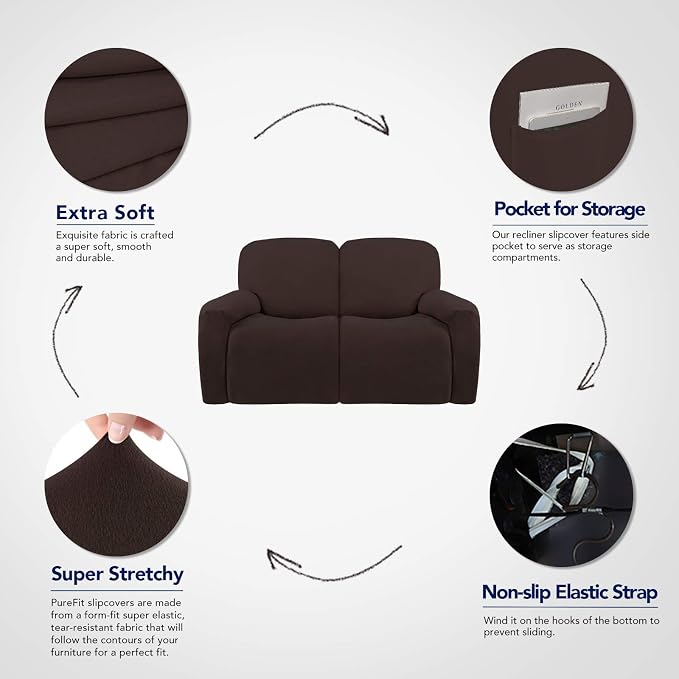 PureFit Super Stretch Loveseat Recliner Sofa Couch Cover with Pocket | 2 Seats Non Slip Soft Sofa Slipcover, Washable Reclining Furniture Protector for Pets (Recliner Loveseat, Chocolate)