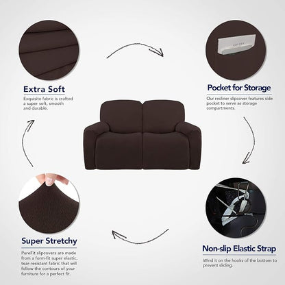 PureFit Super Stretch Loveseat Recliner Sofa Couch Cover with Pocket | 2 Seats Non Slip Soft Sofa Slipcover, Washable Reclining Furniture Protector for Pets (Recliner Loveseat, Chocolate)
