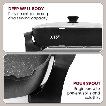 Elite Gourmet EG-6203# Extra Deep 16"x13" (10.5 Qt.) Non-Stick Electric Skillet with Glass Vented Lid & Pour Spout | Dishwasher Safe, Long-Lasting Non-Stick, 200-400°F | Serves 6-8, Black