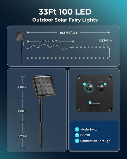 Solar Fairy Lights,33Ft 100 LED Solar String Lights with 8 Modes Pure White | IP65 Waterproof Solar Twinkle Lights Outdoor & Indoor, Patio Lights for Tree Garden Party Wedding Christmas Decoration