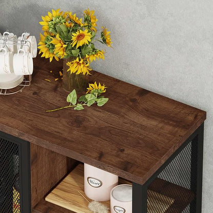 Coffee Bar Cabinet for Home Liquor, Small Storage Cabinet for Kitchen and Entryway, Farmhouse Industrial Buffet Sideboard Credenza with Adjustable Shelves (Rustic Oak)