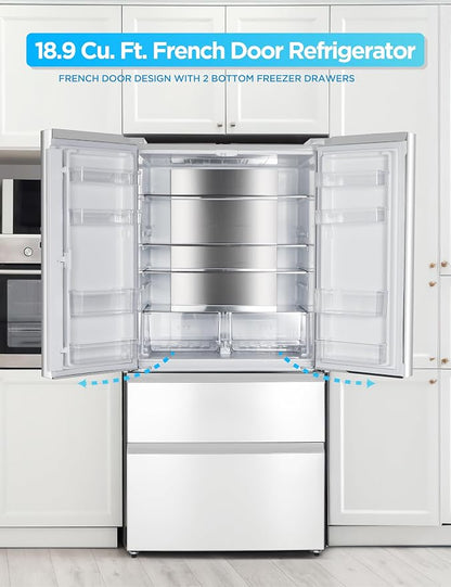 Commercial Cool 18.9 Cu. Ft. French Door Refrigerator, 33 Inch Wide Refrigerator with 2 Bottom Mount Freezer Drawers, Frost Free, LED Lighting, Digital Temperature Control, CCRF1890KW, White | 33 Inch Wide Refrigerator with 2 Bottom Mount Freezer Drawe...