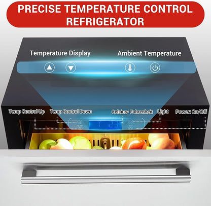 24 Inch Refrigerators, 5.12 Cu.Ft Under Counter Refrigerator with Removable Inside Basket, Built-In and Freestanding Refrigerator, Waterproof,Dual Drawer,Fingerprint Resistant, Stainless Steel, Black
