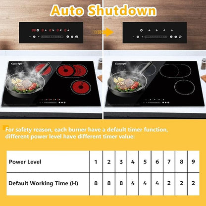 30 Inch Electric Cooktop, 4 Burner Built-In Radiant Ceramic Stove Top | 30 inch built-in radiant ceramic cooktop, 4 burners, 220-240V hardwired, touch control, flat-bottom cookware.