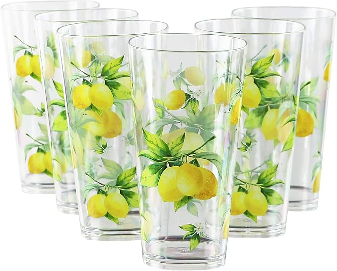 Reston Lloyd Calypso Basics Fresh Lemons 19 oz Acrylic Drinkware Set of 6 – BPA-Free, Indoor/Outdoor, Dishwasher Safe, Lemons with Bees