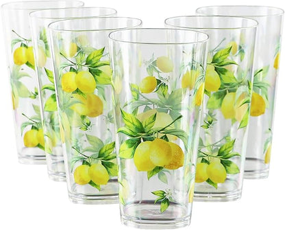 Reston Lloyd Calypso Basics Fresh Lemons 19 oz Acrylic Drinkware Set of 6 – BPA-Free, Indoor/Outdoor, Dishwasher Safe, Lemons with Bees