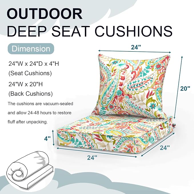 DYTXIII Outdoor Deep Seat Cushion Set, Water Repellent 24"x24" Patio Thick Cushions Replacement with Seat & Back Pillow for Patio Sofa, Wicker Chair, Couch - Pretty Paisley