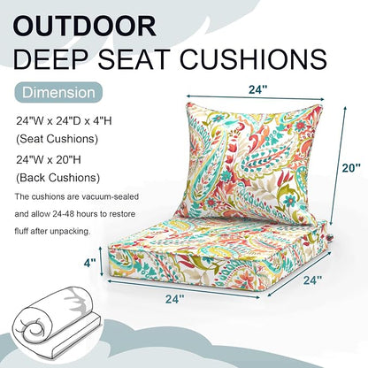 DYTXIII Outdoor Deep Seat Cushion Set, Water Repellent 24"x24" Patio Thick Cushions Replacement with Seat & Back Pillow for Patio Sofa, Wicker Chair, Couch - Pretty Paisley