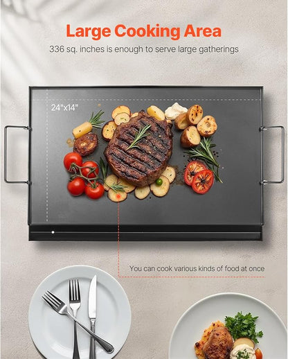 VEVOR Carbon Steel Griddle, Flat Top Plate, Griddle for BBQ Charcoal/Gas Gril with 2 Handles, Rectangular Flat Top Grill with Extra Drain Hole for Tailgating and Party