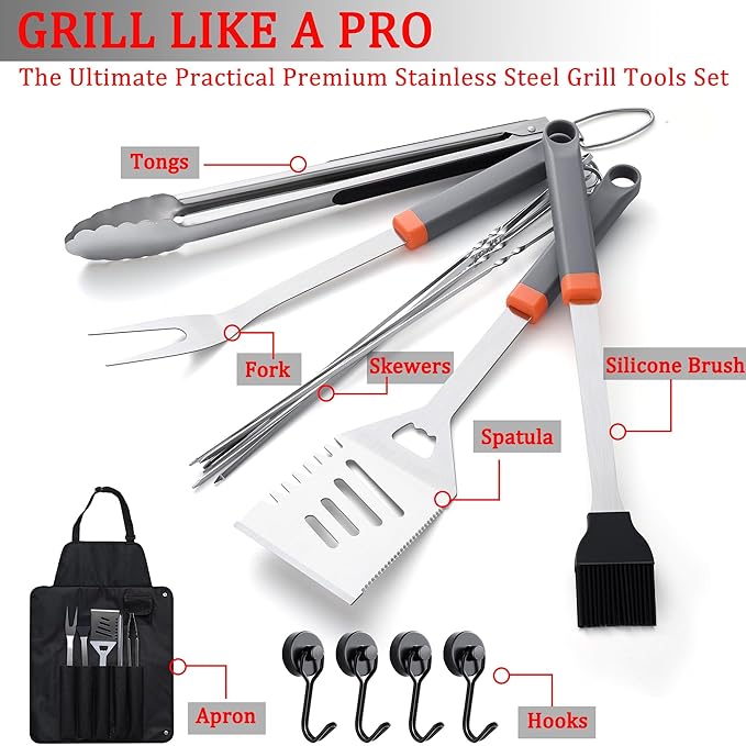 15PCS Grill Set, BBQ Grilling Accessories with Tongs Spatula Skewers, Stainless Steel Grill Utensils Set with Hooks & Apron Storage Bag for Outdoor Cooking, Camping, Practical Gifts for Men Dad