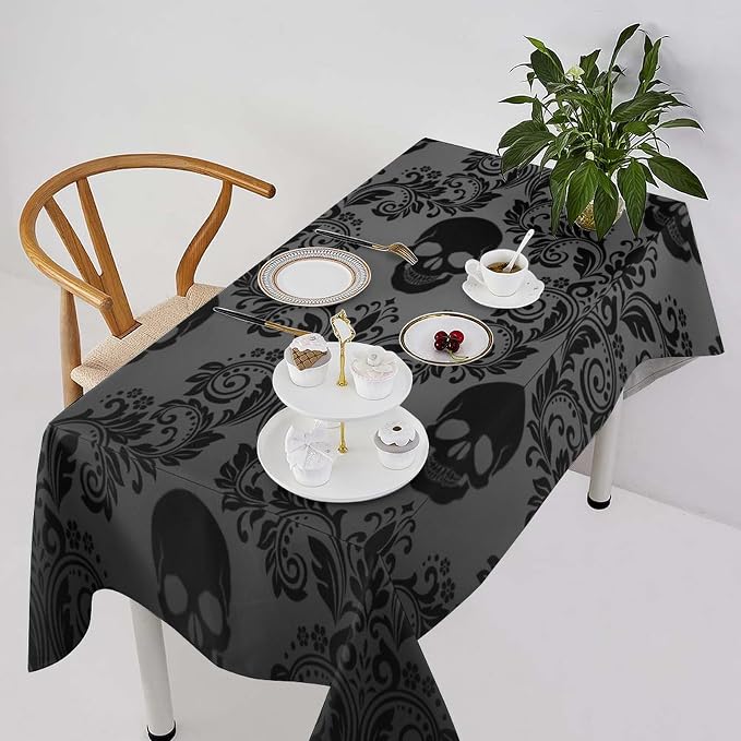 Gothic Black Damask Tablecloth, Vintage Floral Exotic Suger Skull Bohemian Antique Victorian Table Cloth Water Resistant Table Cover for Farmhouse Party Holiday Kitchen Dinner Table 60x120"