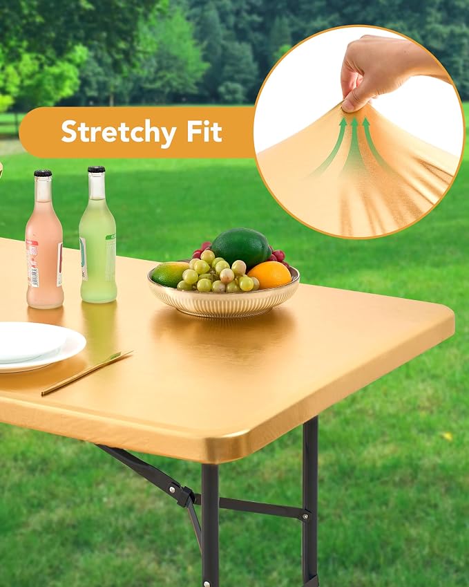 Fitted Tablecloth Rectangle Table Cloths with Elastic, 6 ft, Gold, 6 Pack | For Outdoor Picnic Camping Party 6 foot Folding Spandex Table Covers, Water-Resistant, Windproof, Reusable, 72"L x 30"W