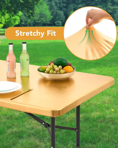 Fitted Tablecloth Rectangle Table Cloths with Elastic, 6 ft, Gold, 6 Pack | For Outdoor Picnic Camping Party 6 foot Folding Spandex Table Covers, Water-Resistant, Windproof, Reusable, 72"L x 30"W