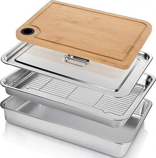 Gisafai 20 x 14 Inch Large Grilling Prep and Serve Trays 5-in-1, Stainless Steel Food Prep Tray Set Grill Carry System Marinade Container with Lid Cooling Rack Gifts for Outdoor BBQ Accessories
