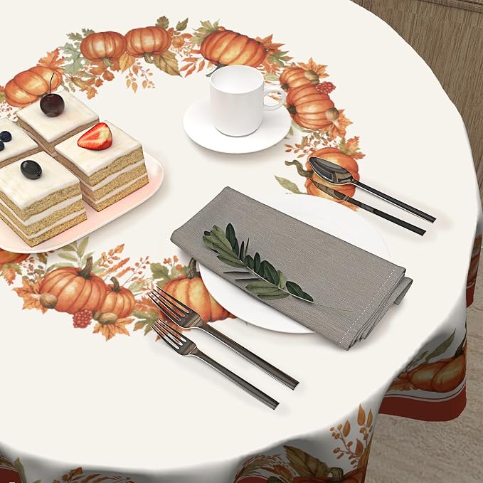 Sweetshow Fall Pumpkin Table Cloth Round Autumn Maple Leaves Tablecloth 70 Inch Decor Washable Stain and Wrinkle Resistant Thanksgiving Round Table Cover for Dining Party Picnic