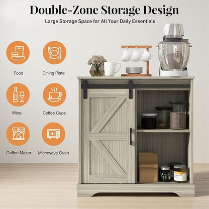 Panana Sliding Barn Door Buffet Sideboard Storage Cabinet Coffee Bar Kitchen Farmhouse Style (Oak)