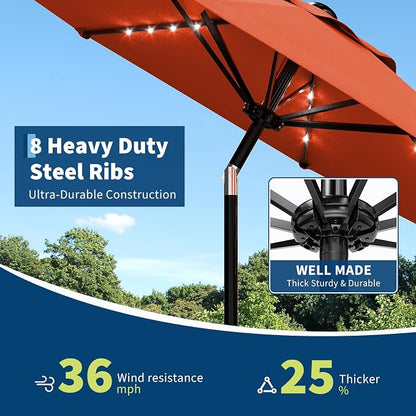 Garvee patio Umbrella with Solar Lights, Outdoor Table Umbrella with 8 Durable Ribs, Tilt & Crank Mechanism, Waterproof & UV Protection for Garden, Backyard, Poolside,