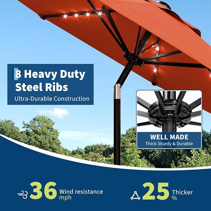 Garvee patio Umbrella with Solar Lights, Outdoor Table Umbrella with 8 Durable Ribs, Tilt & Crank Mechanism, Waterproof & UV Protection for Garden, Backyard, Poolside,