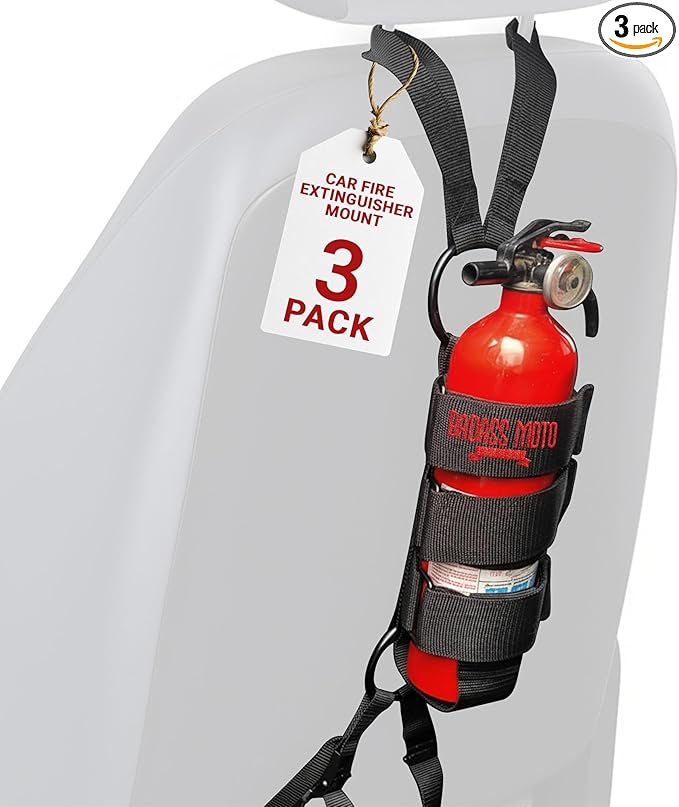 Badass Moto Car Fire Extinguisher Mount - Automotive Fire Extinguisher Mount for Vehicle Car Seat Headrest - Tool Free Seat Back Strap Install. Safety Kit Accessories for Jeep, Truck & SUV - 3 Pack