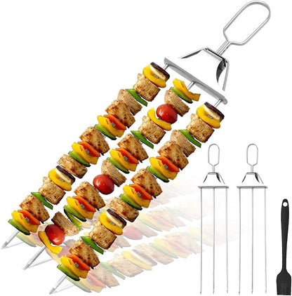 SHIKORI 3 Way Kabob Skewer,17''Stainless Steel Barbecue Fork 3 Pcs | Kabob Sticks With Push Bar Reusable Metal Skewer for Outdoor BBQ Meat Chicken Veggies Camping ,Food Grade,Rustproof