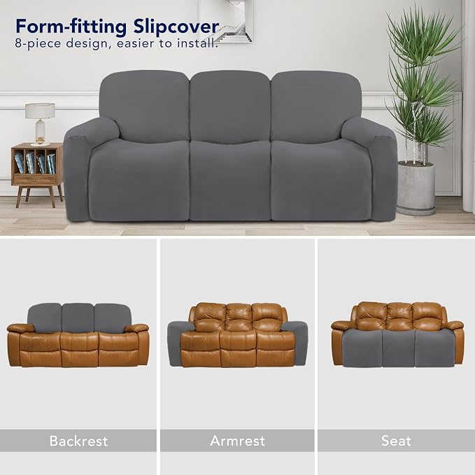 PureFit Super Stretch 3 Seats Recliner Sofa Couch Cover with Pocket | Non Slip Soft Sofa Slipcover, Washable Spandex Reclining Furniture Protector for Kids, Pets (Recliner Sofa, Gray)