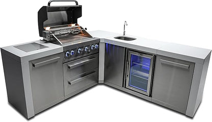 Mont Alpi Premium 82"W x 88"D L-shaped Deluxe Stainless Steel Modular Outdoor Kitchen Island with Beverage Center Refrigerator Faucet & Sink + 32"W 4-Burner BBQ Gas Grill + Storage Cabinets & Drawers