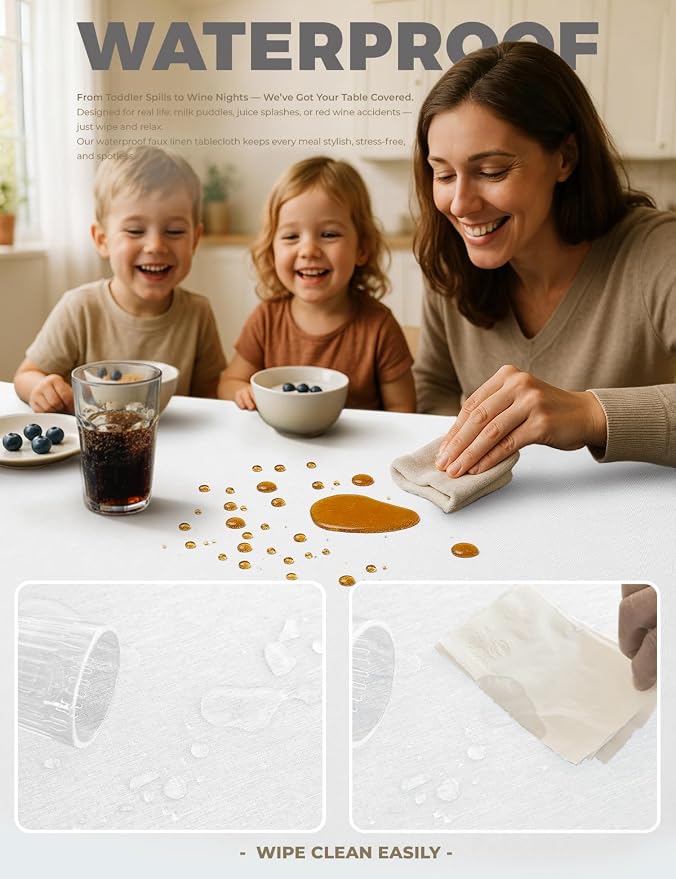 Decorelia White Waterproof Table Cloths for 4 Ft Rectangle Table-2 Pack, Washable Polyester Rustic Reusable Rectangular Table Cloth Cover for Wedding,Outdoor,Events, Party,Banquet, Dining, 60x84 Inch