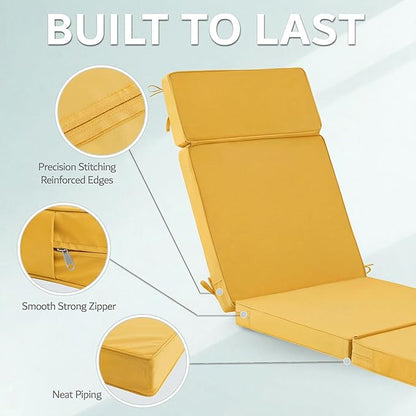 80 x 26 Inch Outdoor Chaise Lounge Cushions Set of 2 - Removable Cover, 4-Section Design, Water-Repellent & Fade-Resistant, 6 Tie Straps, Replacement for Patio & Pool Chairs - Yellow