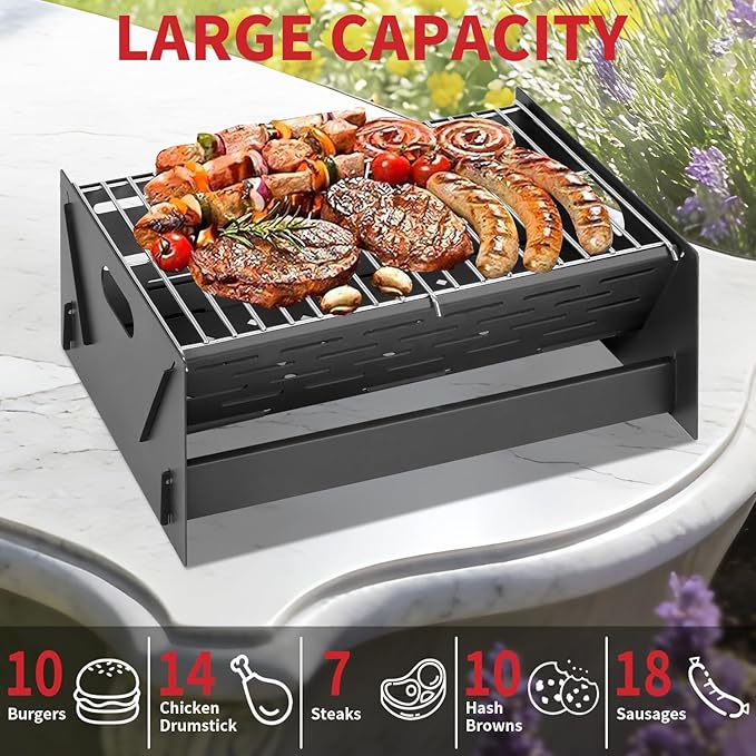 15.9" Foldable Portable Camping Charcoal Grill - Rust-Resistant Compact Tabletop Grill with Detachable Grate & Quick Assembly for Outdoor Cooking BBQ Smokes Beach Patio Backyard