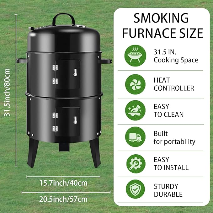 16.5-Inch Vertical Charcoal Smoker, Heavy Duty Round Multi-Layer BBQ Grill with Thermometer for Smoking Meats (Black)