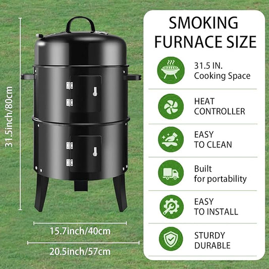 16.5-Inch Vertical Charcoal Smoker, Heavy Duty Round Multi-Layer BBQ Grill with Thermometer for Smoking Meats (Black)