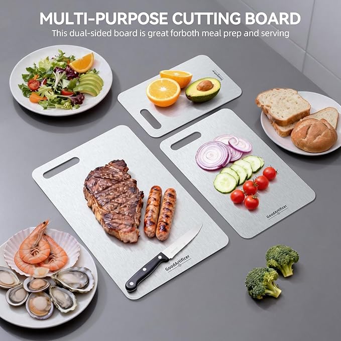 Titanium Cutting Board, 100% Pure Titanium Cutting Boards for Kitchen, Double-Sided Non-Toxic Cutting Board, Ideal for Slicing and Dicing Meats, Features Handle, Dishwasher Safe,13"L*8"W（silver）