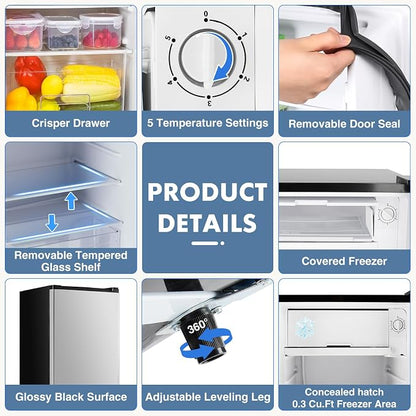 DUMOS 3.2 Cu.Ft Mini Fridge with Freezer, Single Door Refrigerator with Adjustable Thermostat, Compact Small Fridge for Bedroom, Office, Dorm, Silver Single Door