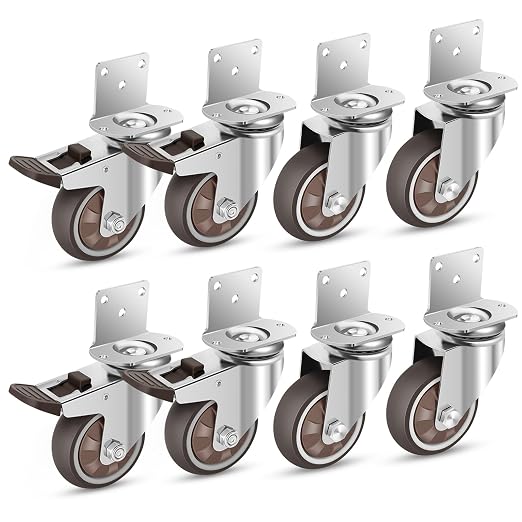 Nefish Side Mount Casters 3 Inch L-Shaped Heavy Duty Rubber Caster Set of 8, Ball Bearing 360 Degree Plate Swivel Castors Wheel, Casters Wheels for Furniture, Baby Bed, Kitchen, Cabinet, Table