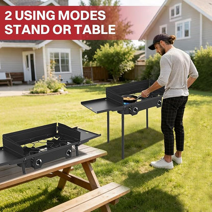 2 Burner Propane Camp Stove | 150,000 BTU | High Pressure Gas Burners | CSA Certified | Side Shelves | Windscreen | Waterproof Cover | Detachable Legs | Ideal for Camping Backyard Outdoor Cooking