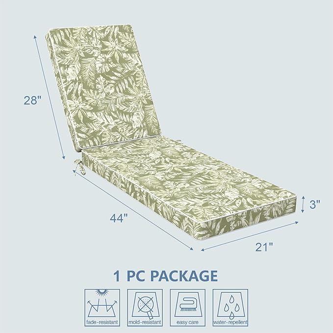 LVTXIII Outdoor Chaise Lounge Cushion 72x21x3 Inch, Water-Repellent Patio Seat Cushion with Ties & Hidden Zipper, Thick Foam Pad for Lawn Chair, Poolside, Patio Furniture, Tropical Leaf Green