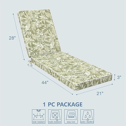 LVTXIII Outdoor Chaise Lounge Cushion 72x21x3 Inch, Water-Repellent Patio Seat Cushion with Ties & Hidden Zipper, Thick Foam Pad for Lawn Chair, Poolside, Patio Furniture, Tropical Leaf Green