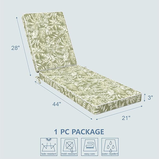 LVTXIII Outdoor Chaise Lounge Cushion 72x21x3 Inch, Water-Repellent Patio Seat Cushion with Ties & Hidden Zipper, Thick Foam Pad for Lawn Chair, Poolside, Patio Furniture, Tropical Leaf Green