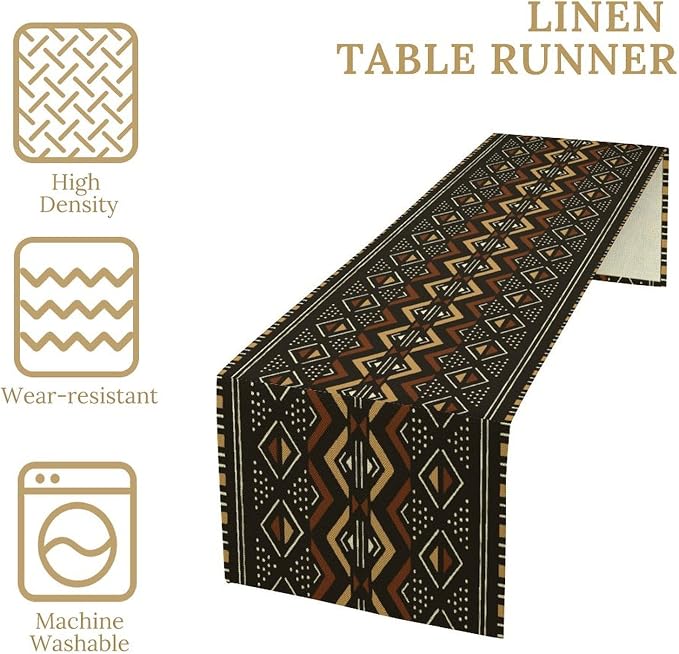 Vintage African Tribal Table Runner African Mud Cloth Pattern Abstract Geometric Ethnic Traditional Dinner Runner for Farmhouse Kitchen Dinner Table Holiday Party Decoration 13x70in