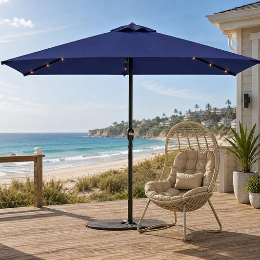 6.5 x 10ft Rectangular Patio Umbrella with Solar Lights, 16 LED Lighted Market Umbrella with Push-Button Tilt and Crank, 6 Sturdy Iron Ribs for Garden, Deck, Pool, Navy Blue