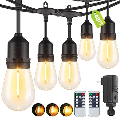 Larkvue 48FT Outdoor String Lights with Remote, Dimmable Patio Lights with 15+2 LED Waterproof Shatterproof Bulbs 3 Modes 4 Timers for Backyard, Black