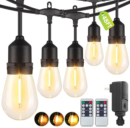 Larkvue 48FT Outdoor String Lights with Remote, Dimmable Patio Lights with 15+2 LED Waterproof Shatterproof Bulbs 3 Modes 4 Timers for Backyard, Black