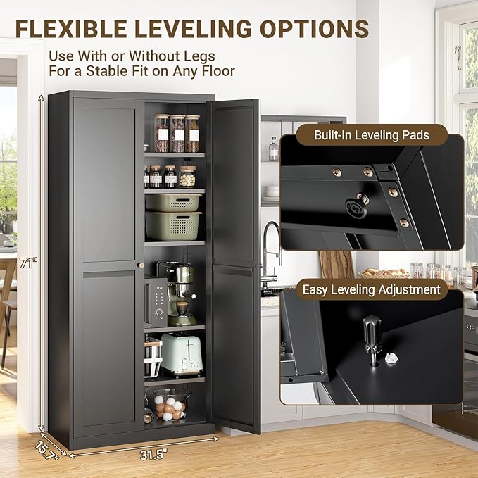 75" Tall Metal Kitchen Pantry Cabinet, Freestanding Steel Storage Cabinet with Doors, 5 Adjustable Shelves, for Dining Room, Black