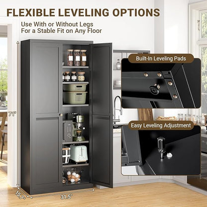 75" Tall Metal Kitchen Pantry Cabinet, Freestanding Steel Storage Cabinet with Doors, 5 Adjustable Shelves, for Dining Room, Black