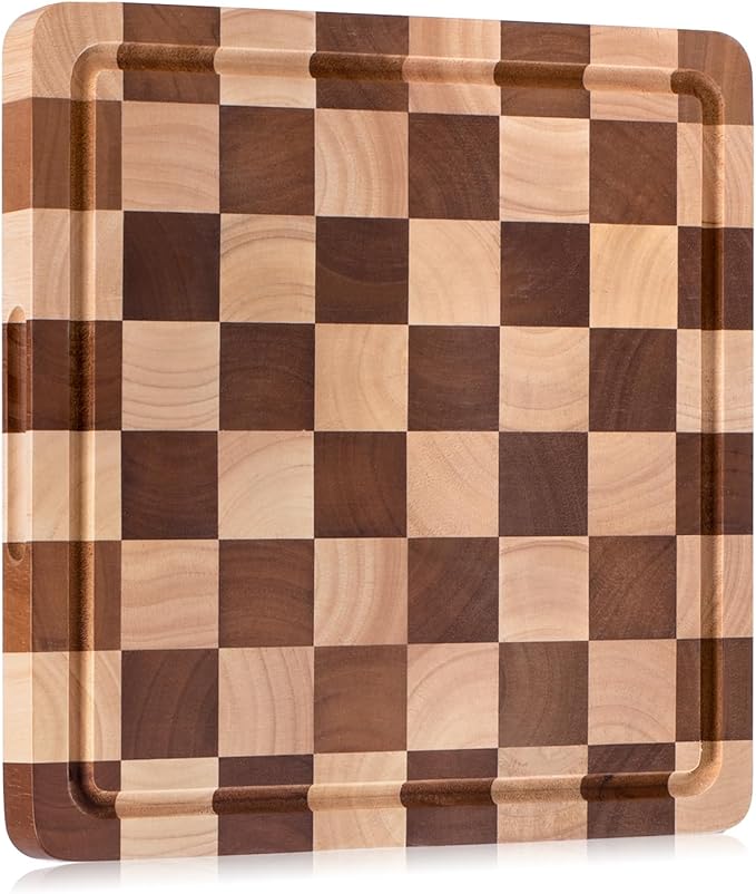 Checkered Cutting Board, Square Wooden Checkerboard Cutting Board for Kitchen 12 x 12 x 1", Rubber Wood Butcher Block Chopping Board with Juice Grooves & Handles for Meat, Vegetables & Cheese